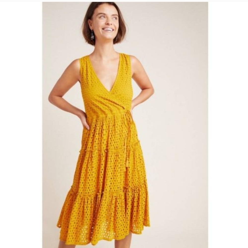 Anthro x Frye Nori Eyelet Faux Wrap Dress Sleeveless Golden Yellow M